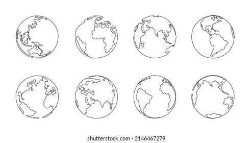 One line globe. Planet earth, global map sketch and hand drawn world globes vector illustration set of planet globe, global world sketch