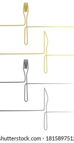 One line gradient illustration of cutlery. Fork and knife. Set of silverware. Сontinuous line style. Simple contour drawing of flatware. Simple background. Gold one line picture.