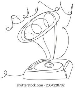 One line gramophone on a white background. Stock illustration with music retro symbol. A device for playing old vinyl records. Songs of the 19th and 20th centuries.