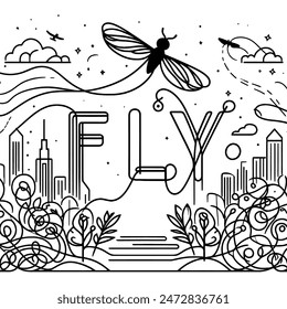 one line graphic illustration of the word fly. calligraphy word