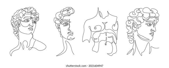One line greece mythology sculptures  Ancient greek statues hand drawn single continuous line  David head torso  Modern vector art
