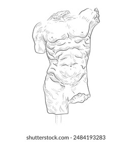 Una línea de esculturas de mitología griega. Perseo Torso Escultura, Antiguas estatuas griegas dibujado a mano una sola línea continua, cabeza de David torso. Arte vectorial moderno