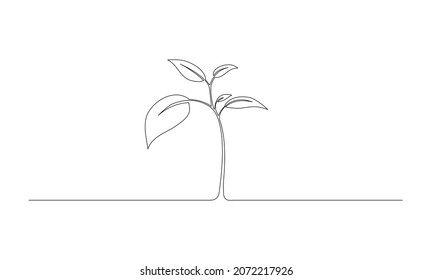 One line Growing plant isolated on white background. Line style flat illustration of plant with leaves.Grow process.