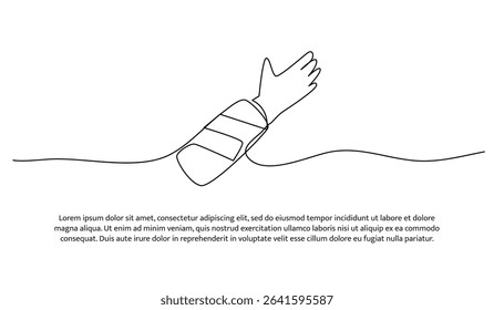 One line hand is bandaged with plaster. Abstract minimal continuous line.