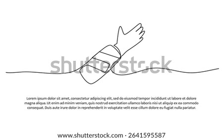 One line hand is bandaged with plaster. Abstract minimal continuous line.