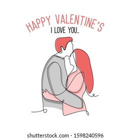 one line hand draw couple in love. hog each other and kissing. happy valentines day cartoon illustration