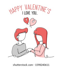 one line hand draw couple in love. hog each other and kissing. happy valentines day cartoon illustration