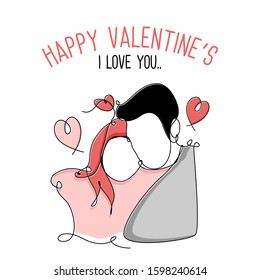 one line hand draw couple in love. hog each other and kissing. happy valentines day cartoon illustration