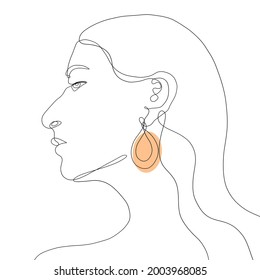 One line hand draw girl or woman with earring. Vector illustration isolated on white background. 