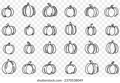 One line hand drawing pumpkin in a brush style seamless pattern isolated on a transparent PNG background. Perfect for Halloween party backgrounds, poster templates, brochures, online ads. 