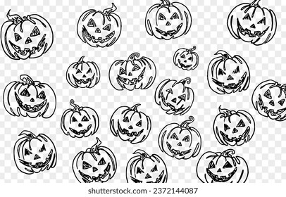 One line hand drawing smile pumpkin in a brush style seamless pattern , isolated on a transparent PNG background. Perfect for Halloween party backgrounds, poster templates, brochures, online ads. 