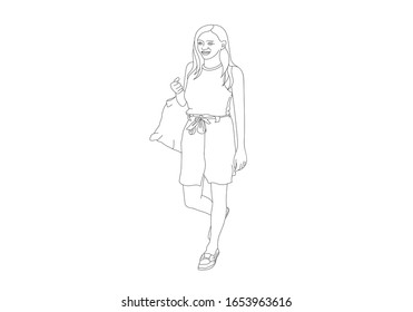 One line hand drawing of woman holding plastic bags on the street are shoping Illustrator picture.
