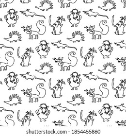 One line hand drawn animals Rat, mouse, mole, Hedgehog. Seamless pattern