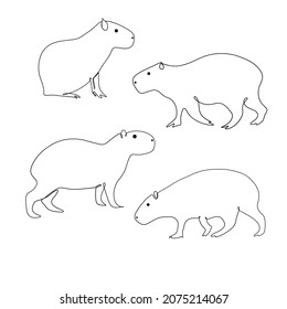 One line hand drawn capybara set. Vector minimalist illustration isolated on white background. 