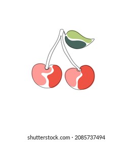 Una línea de cereza dibujada a mano con salpicaduras verdes, rosas, rojas. Ilustración de color minimalista vectorial aislada en fondo blanco. 