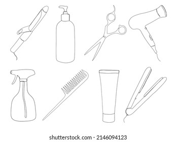 One Line Hand Drawn Hair Stylist Set. Curling Hair, Scissors, Hair Dryer, Tube, Hair Comb. Vector Illustration Isolated On White Background. 