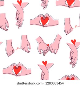 One line hand drawn holding hands. Saint Valentine's day vector seamless pattern