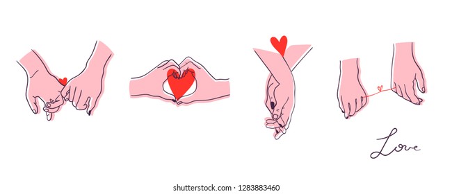 One line hand drawn holding hands. Saint Valentine's day colored vector set. All elements are isolated