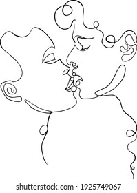 Una línea dibujada a mano.  Arte de tinta negra y blanca. Hombre y mujer enfrentan la silueta con fondo blanco.