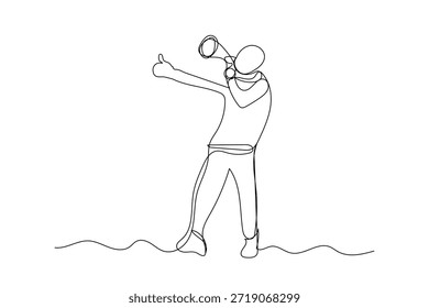 Una línea dibujada a mano con megáfono. La persona sostiene el altavoz en estilo de líneas continuas. , Contratación o anuncio de sonido de evento Vector creativo.