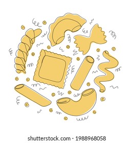 One line hand drawn pasta, icon set. macaroni various shapes, linear icons. Farfalle, Fusilli, Rigatoni, Ravioli, etc. Vector illustration. 