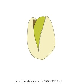 One line hand drawn pistachio with green color. Vector illustration isolated on white background. 