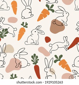 One Line Hand Drawn Spring Rabbits and Carrots Trendy Vector Seamless Pattern