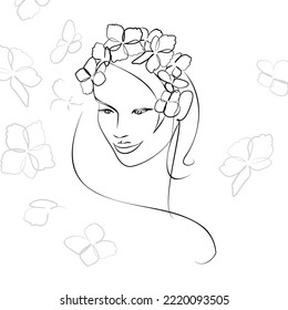 Una línea de arte vectorial dibujado a mano con el hermoso rostro femenino y flores en una curva elegante. Negro aislado sobre fondo blanco. Diseño moderno y simplista para el arte de la pared, la moda, la impresión, el tatuaje, la cubierta, la tarjeta.