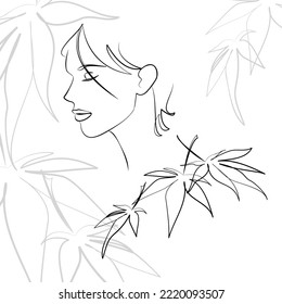 Una línea de arte vectorial dibujado a mano con el hermoso rostro femenino y flores en una curva elegante. Negro aislado sobre fondo blanco. Diseño moderno y simplista para el arte de la pared, la moda, la impresión, el tatuaje, la cubierta, la tarjeta.