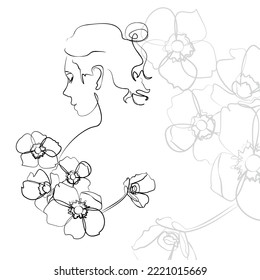Una línea de arte vectorial dibujado a mano con el hermoso rostro femenino y flores en una curva elegante. Negro aislado sobre fondo blanco. Diseño moderno y simplista para el arte de la pared, la moda, la impresión, el tatuaje, la cubierta, la tarjeta.