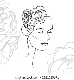 One line hand drawn vector art with beautiful woman face and flowers in elegant curve. Black isolated on white background. Modern simplistic design for wall art, fashion, print, tattoo, cover, card.