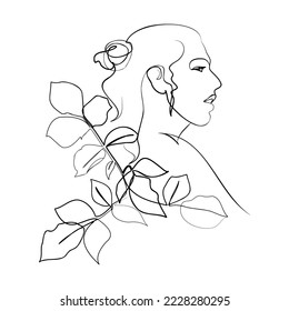 Eine Linie handgezeichnete Vektorkunst mit schönem Frauenbild und Blumen in eleganter Kurve. Schwarz einzeln auf weißem Hintergrund. Modernes, einfaches Design für Wandkunst, Mode, Druck, Tattoo, Cover, Karte.