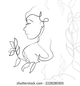 Una línea de arte vectorial dibujado a mano con el hermoso rostro femenino y flores en una curva elegante. Negro aislado sobre fondo blanco. Diseño moderno y simplista para el arte de la pared, la moda, la impresión, el tatuaje, la cubierta, la tarjeta.