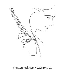 Una línea de arte vectorial dibujado a mano con el hermoso rostro femenino y flores en una curva elegante. Negro aislado sobre fondo blanco. Diseño moderno y simplista para el arte de la pared, la moda, la impresión, el tatuaje, la cubierta, la tarjeta.