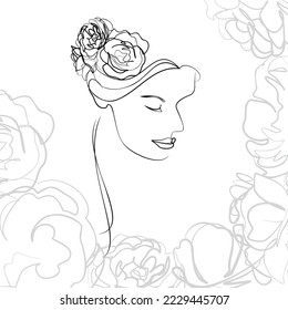 One line hand drawn vector art with beautiful woman face and flowers in elegant curve. Black isolated on white background. Modern simplistic design for wall art, fashion, print, tattoo, cover, card.