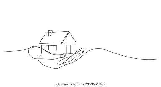 one line of hand holding house model vector illustration for sale marketing,home loan,property fair,real estate business,etc.