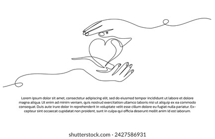 One line hand and love poster drawing with frame. Abstract minimal