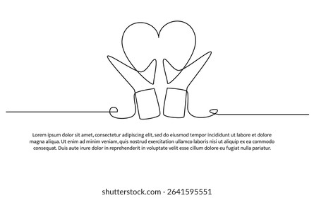 One line hand with love symbol. Abstract minimal continuous line.