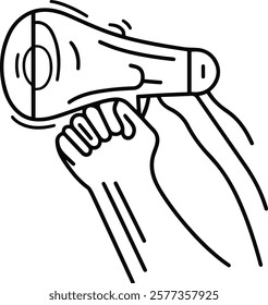 One Line Hand with Megaphone minimalist design showcasing a hand with a megaphone, perfect for sales, hiring, or event promotions Continuous Line Symbol for Announcement