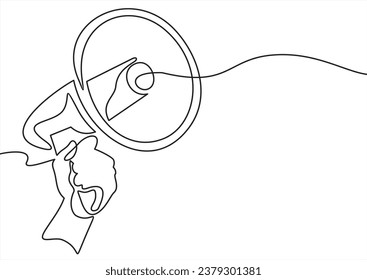 One line hand with megaphone. Person hold loudspeaker in continuous lines style. Symbol of sale, hiring or event announcement vector concept