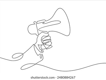 One line hand with megaphone. Person hold loudspeaker in continuous lines style. Symbol of sale, hiring or event announcement vector concept