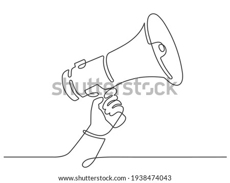 One line hand with megaphone. Person hold loudspeaker in continuous lines style. Symbol of sale, hiring or event announcement vector concept