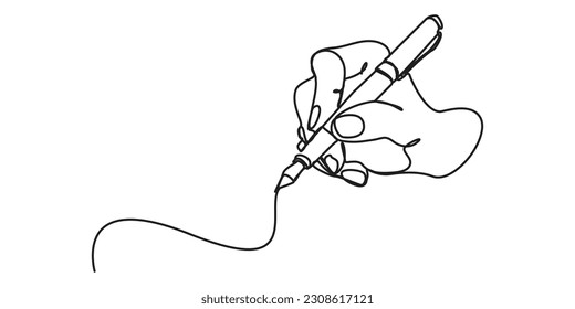 Eine Hand, die eine zusammenhängende Zeigerzeichnung schreibt, Hand mit Stift-Linie, Kunstgrafik