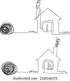 One line is a hand-drawn house. Two types of houses coming from a tangle