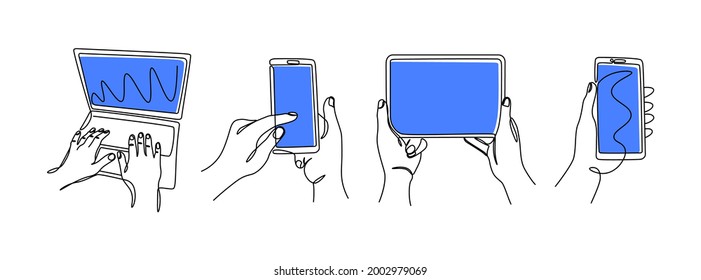 One line hands with gadgets. Continuous line female hands holding smartphones tablet and laptop. Vector monoline isolated set