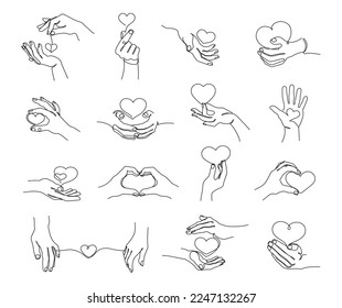 One line hands holding heart. Hand gestures with love shape, lovely romantic connected couple and care vector illustration set. Romantic relationships, charity concept continuous line