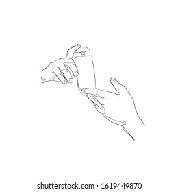 One line hands holds perfume or makeup tube. Contemporary female stylized silhouette. Single trendy illustration. Continuous line, minimalistic concept. Minimalism beauty icon.