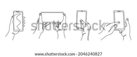 One line hands with phones. Continuous line female hands holding gadgets in portrait and landscape modes, touching on the screen. Vector monoline smartphone using