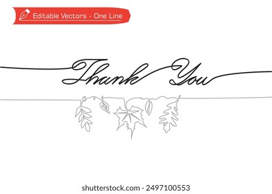 One line handwritten calligraphy concept Thank You letter with hanging autumn leaves decoration botanical concept. One line editable Thank You lettering and autumn leaves decoration for greeting card.