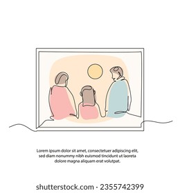 One line happy family portrait poster drawing with frame. Abstract minimal continuous line wall decor.